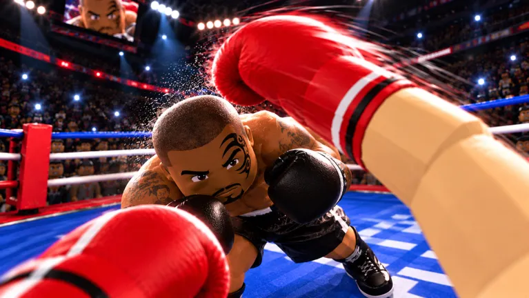 First-person view of a red glove landing on a bald boxer in black trunks inside a lit arena ring.