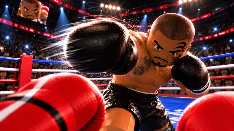 An opponent in black trunks throwing a straight punch toward the camera in a packed arena.