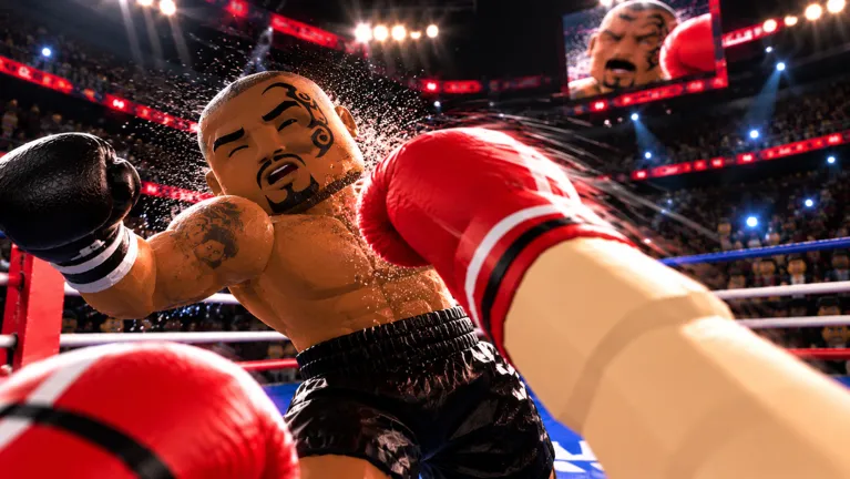 A red glove snapping a tattooed boxer's head back with sweat spraying, crowd and big screen behind.