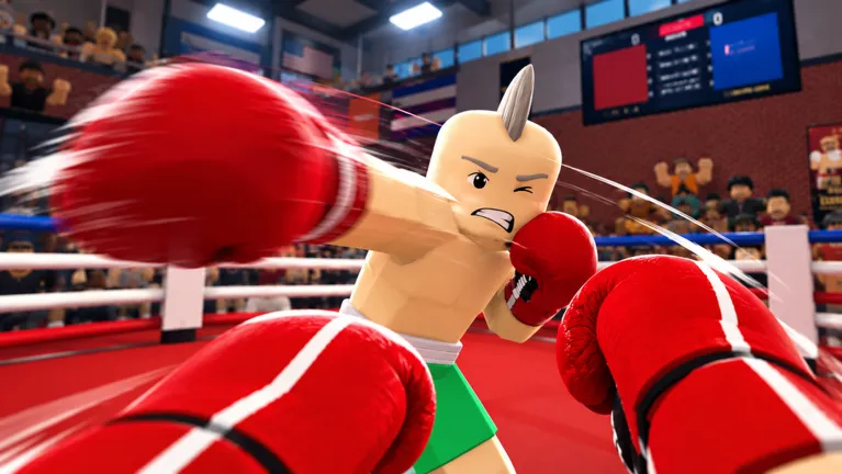 First-person red glove driving into a bald, horned boxer in green trunks in a brick-walled gym.